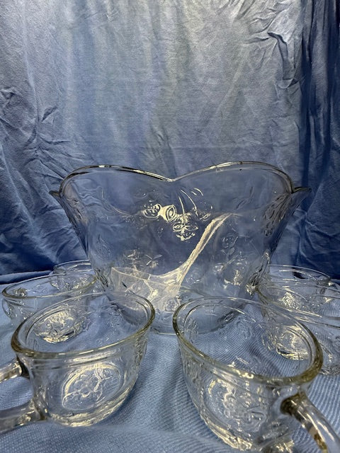 Glass Punch Bowl with 8 cups and ladle