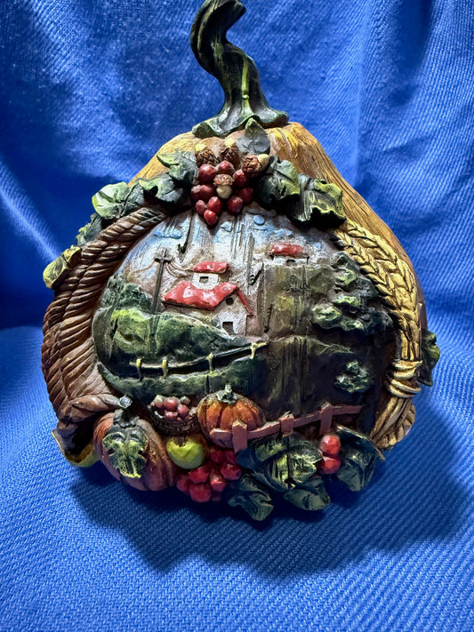 Vintage Fall Pumpkin with Carved Scene